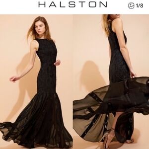 Halston Heritage Organza Jacquard Black Sleeveless Maxi Dress Gown, Size 10